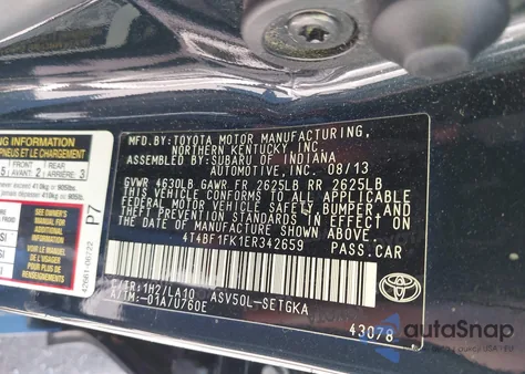 2014 Toyota Camry Xle z USA, uszkodzony, nr VIN 4T4BF1FK1ER342659